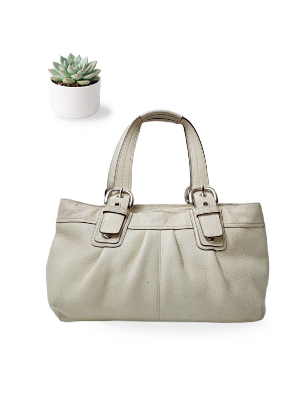 Coach Soho Pleated Cream Ivory Leather Tote Shoulder Bag Silver Buckle F13732